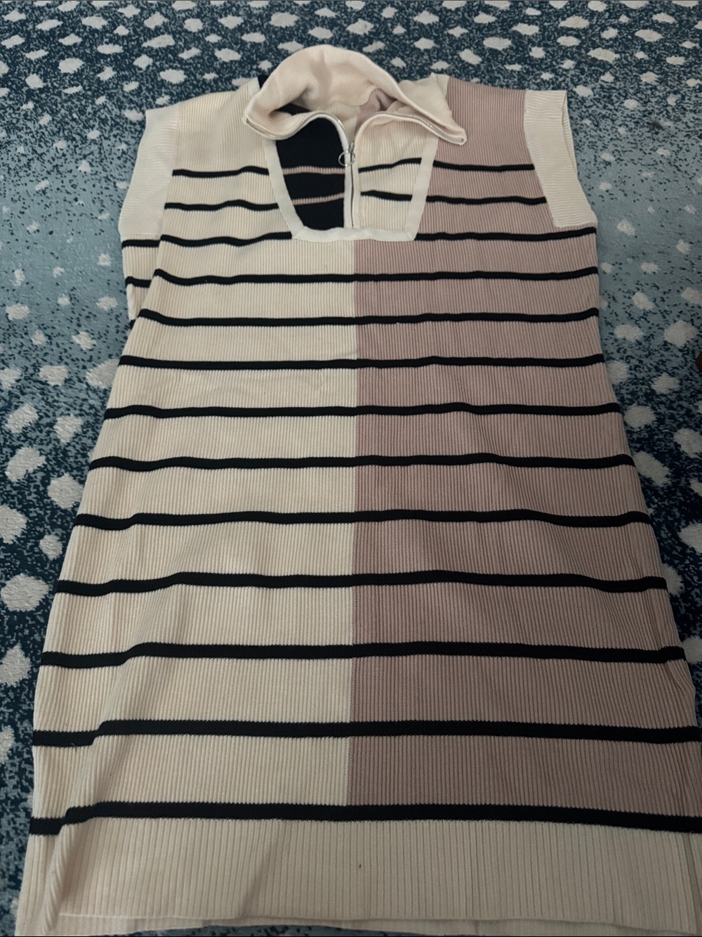 Sleeveless Striped Knit dress with Half-and-Half Panel - Cream & Taupe